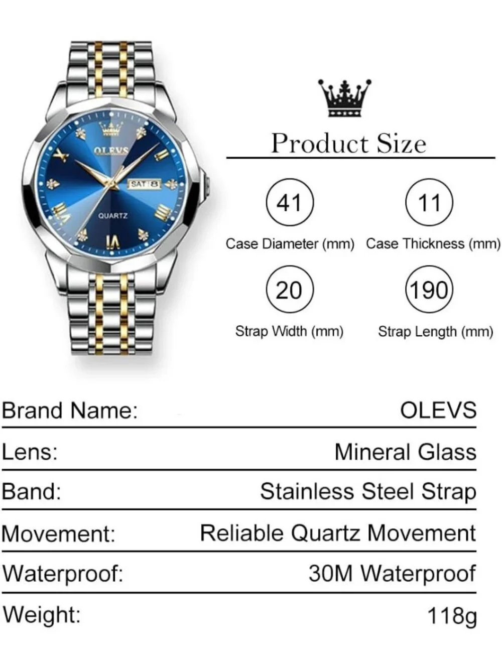 Men's Silver And Blue Diamond Stainless Steel Analog Quartz Waterproof Watch